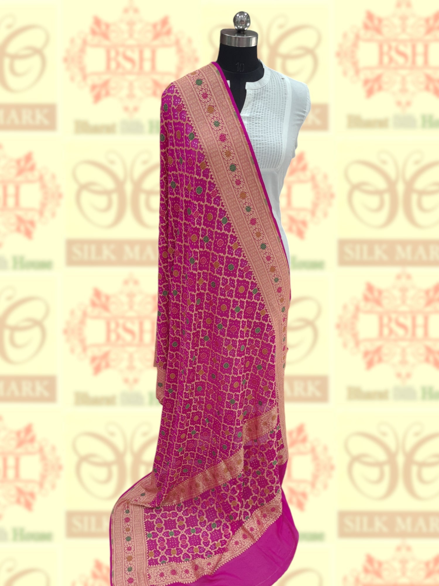 Pink Georgette Banarasi Handloom Meenakari Bandhani Dupatta - Bharat Silk House Bandhej