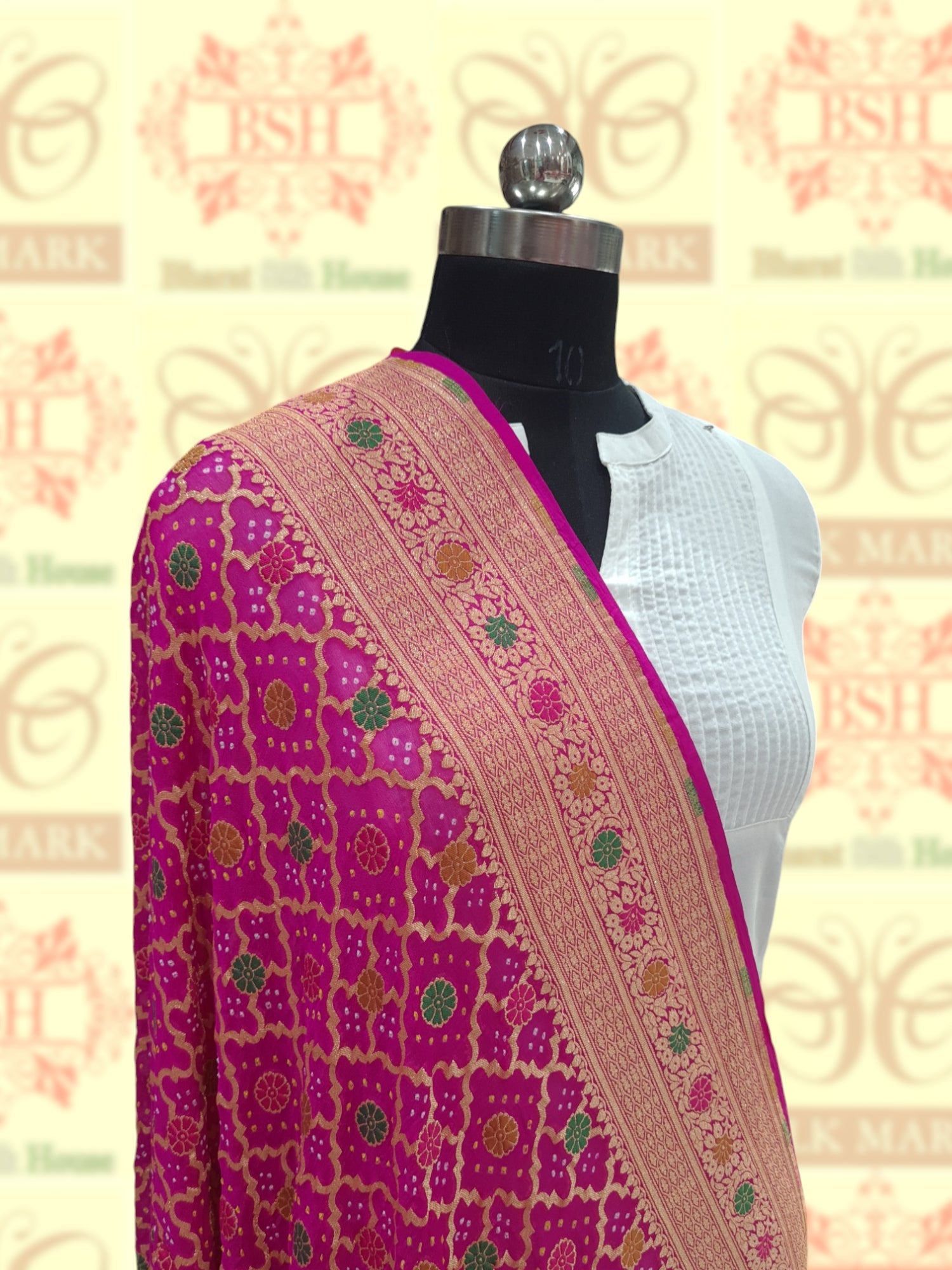 Pink Georgette Banarasi Handloom Meenakari Bandhani Dupatta - Bharat Silk House Bandhej