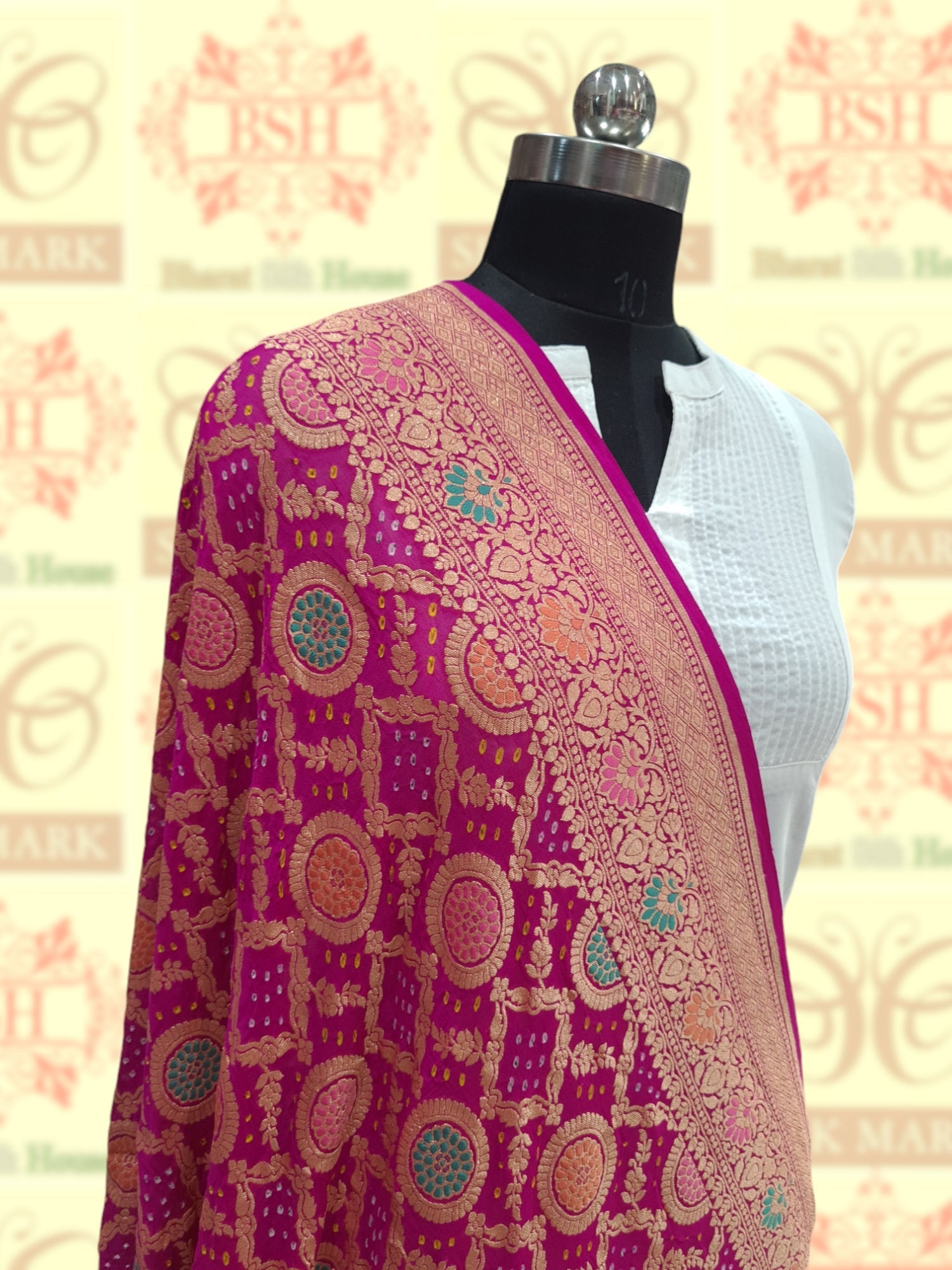 Pink Georgette Banarasi Handloom Menakari Bandhani Dupatta - Bharat Silk House