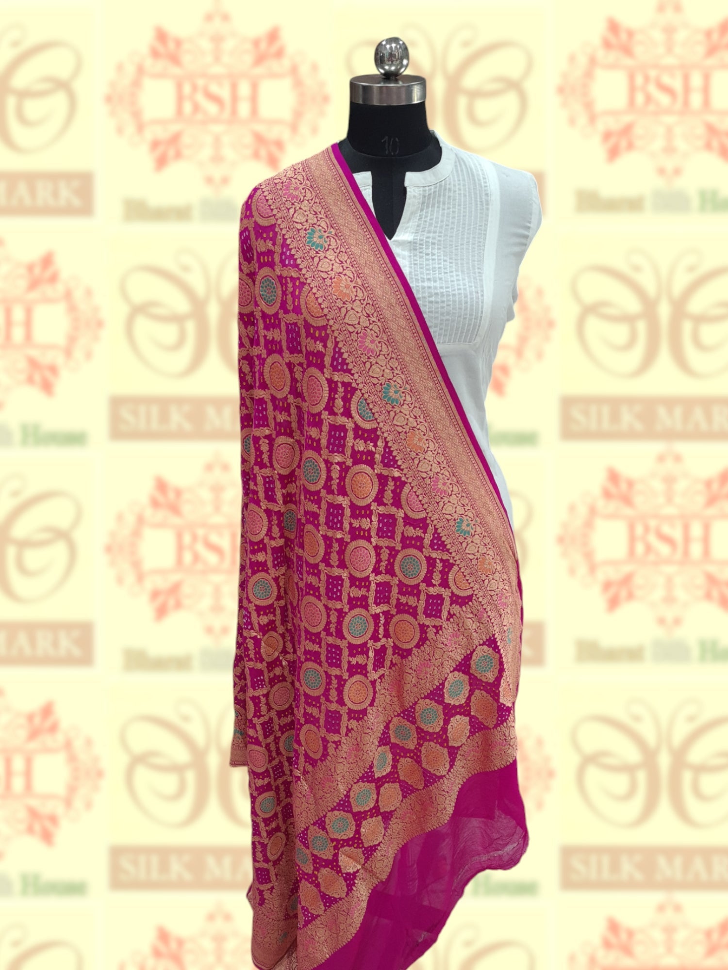 Pink Georgette Banarasi Handloom Menakari Bandhani Dupatta - Bharat Silk House