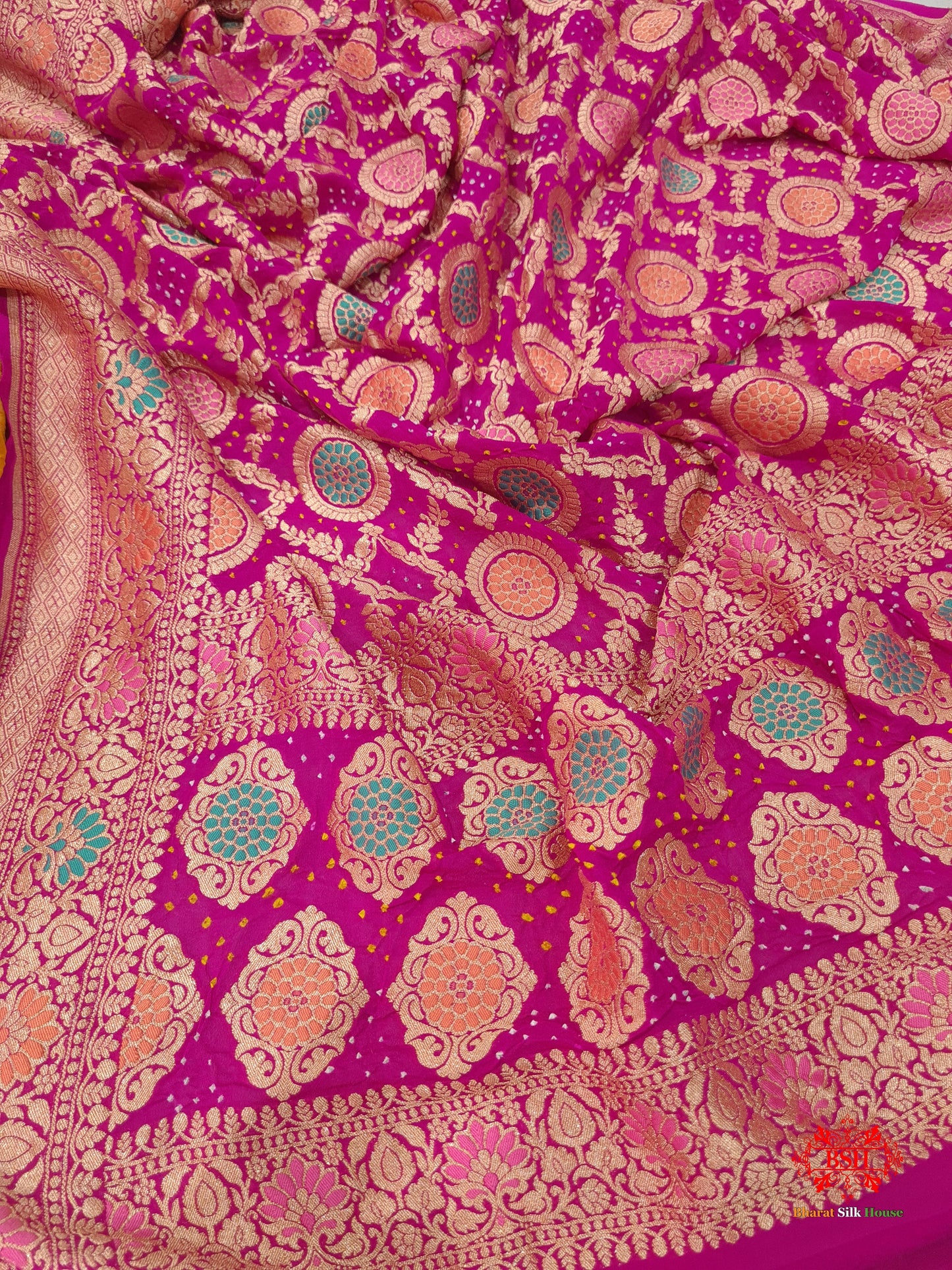 Pink Georgette Banarasi Handloom Menakari Bandhani Dupatta - Bharat Silk House