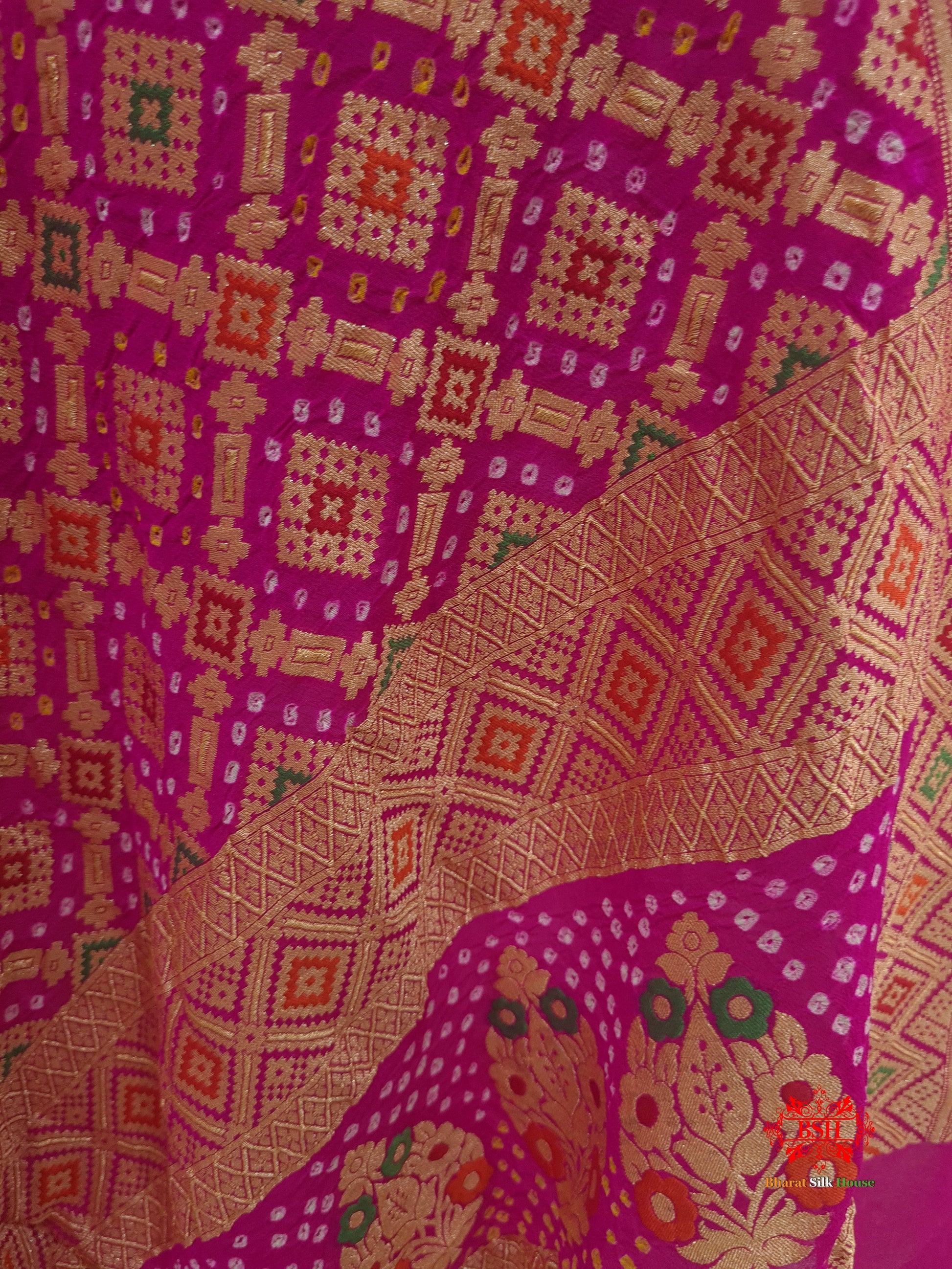 Pink Georgette Banarasi Handloom Menakari Bandhani Dupatta - Bharat Silk House