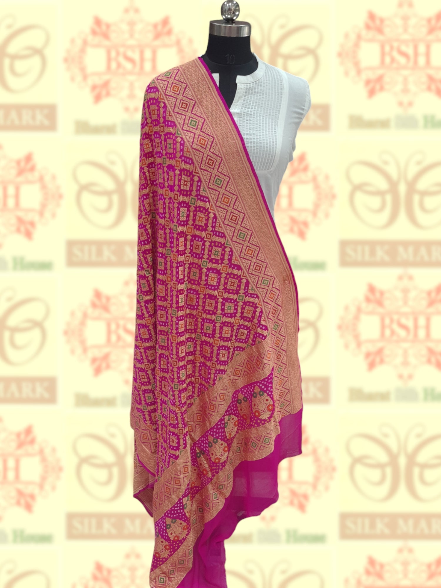 Pink Georgette Banarasi Handloom Menakari Bandhani Dupatta - Bharat Silk House