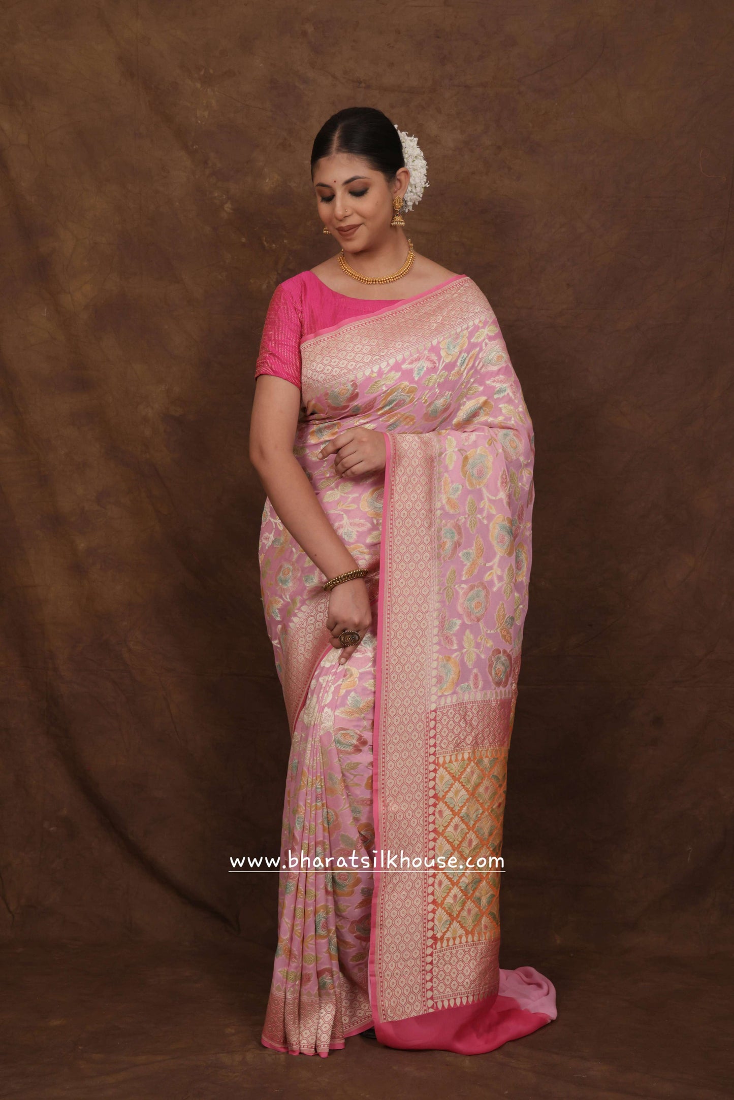 Pink Rangkaat Handloom Pure Khaddi Chiffon Saree - Bharat Silk House