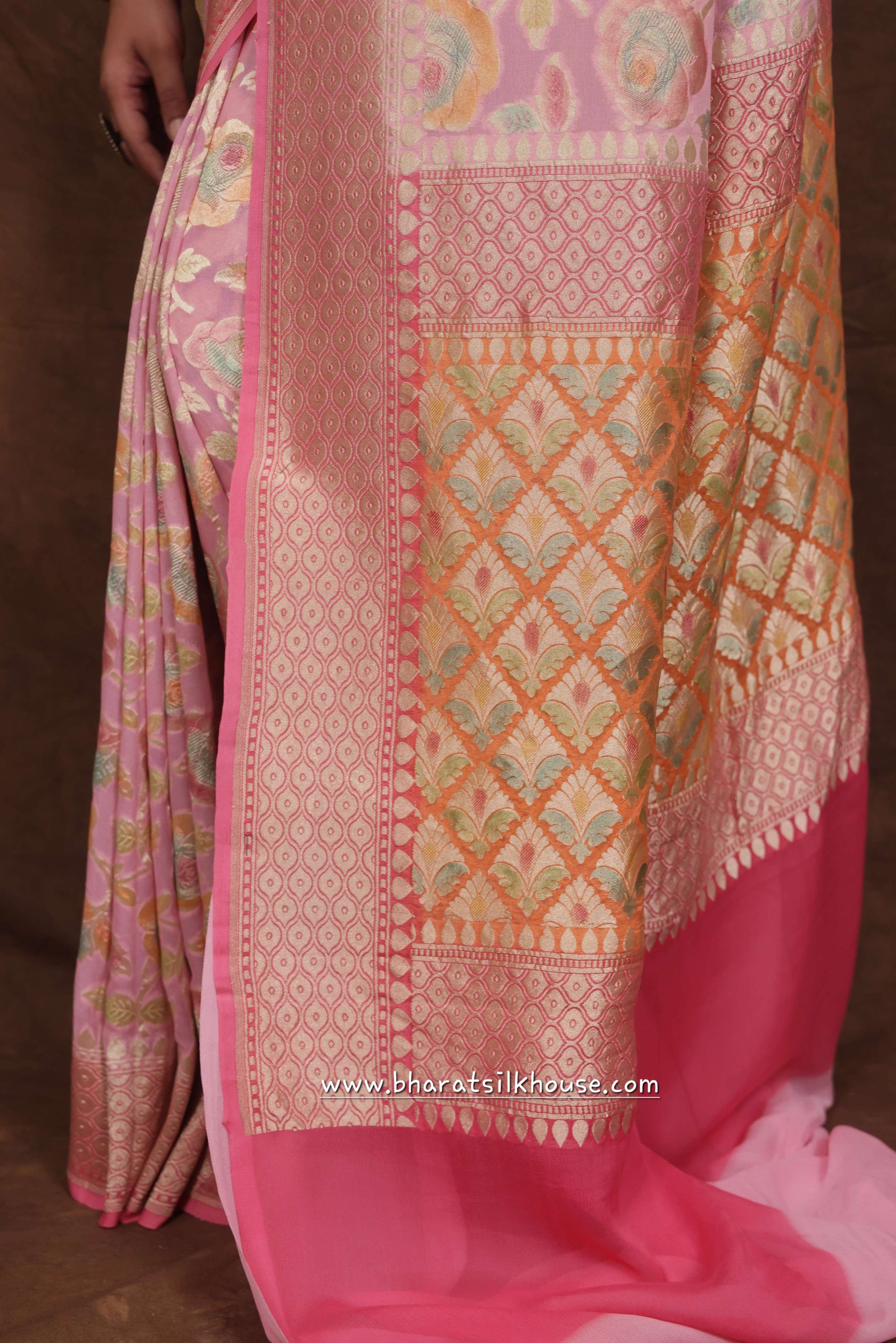 Pink Rangkaat Handloom Pure Khaddi Chiffon Saree - Bharat Silk House