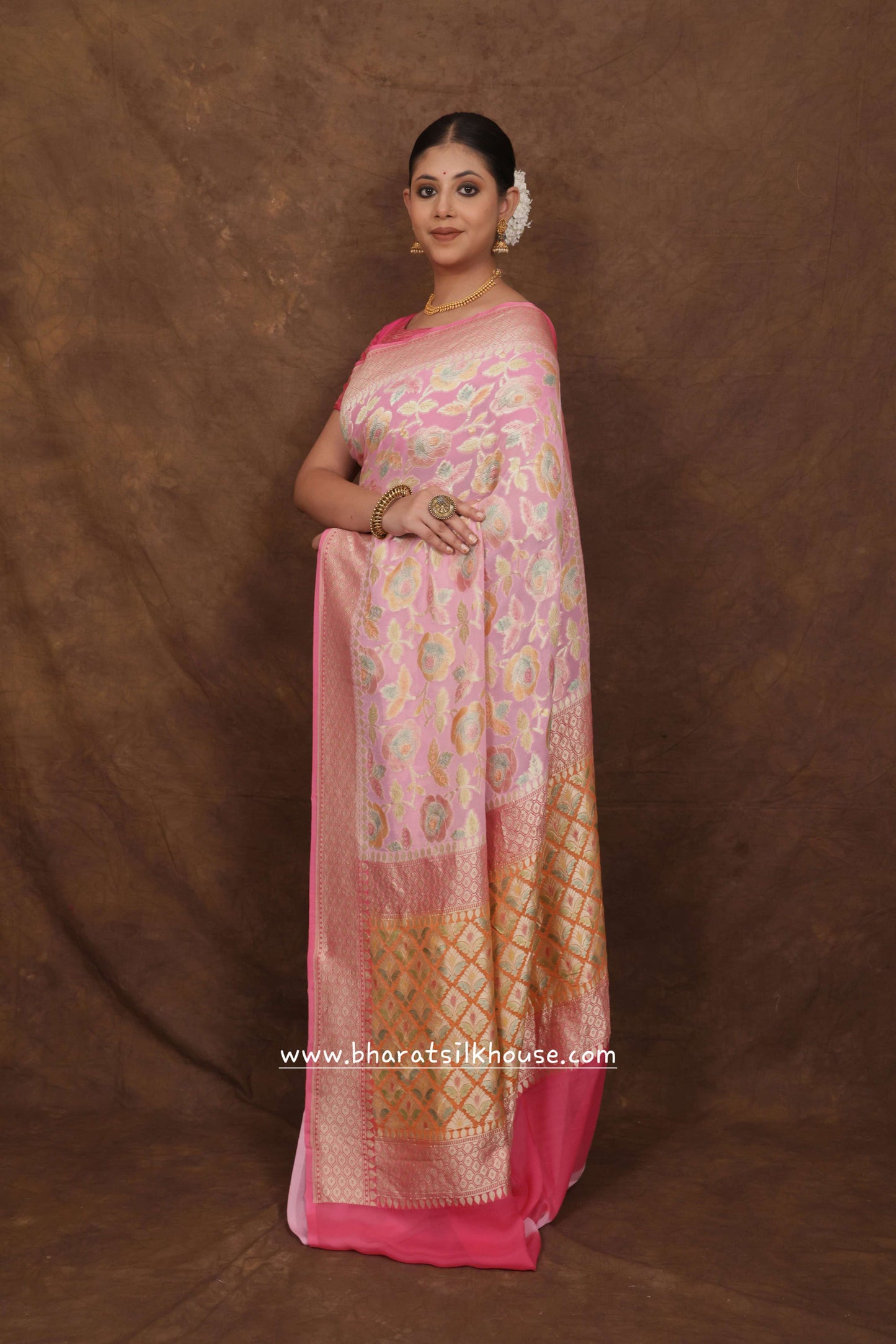 Pink Rangkaat Handloom Pure Khaddi Chiffon Saree - Bharat Silk House