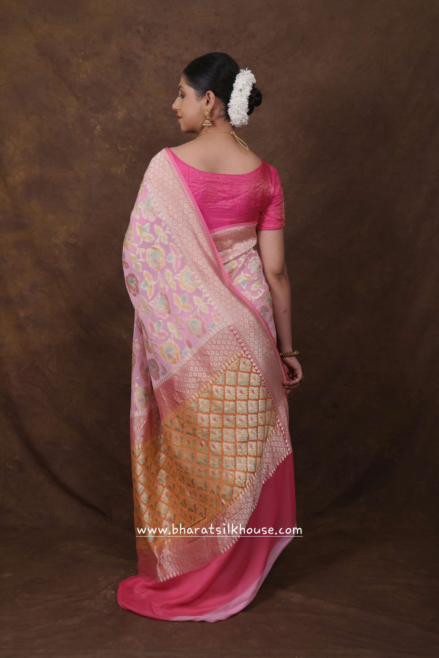 Pink Rangkaat Handloom Pure Khaddi Chiffon Saree - Bharat Silk House