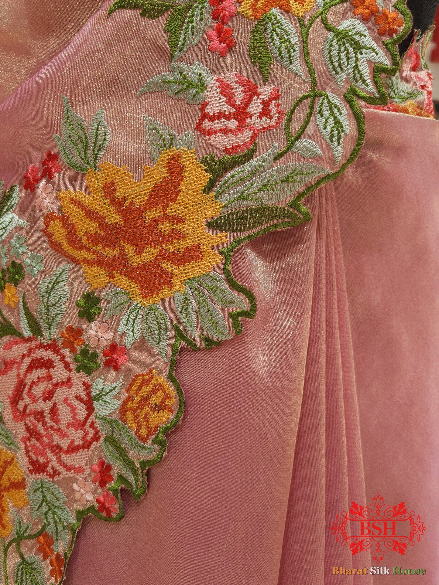 Pink Shade Crochet Work Tissue Silk Saree - Bharat Silk House