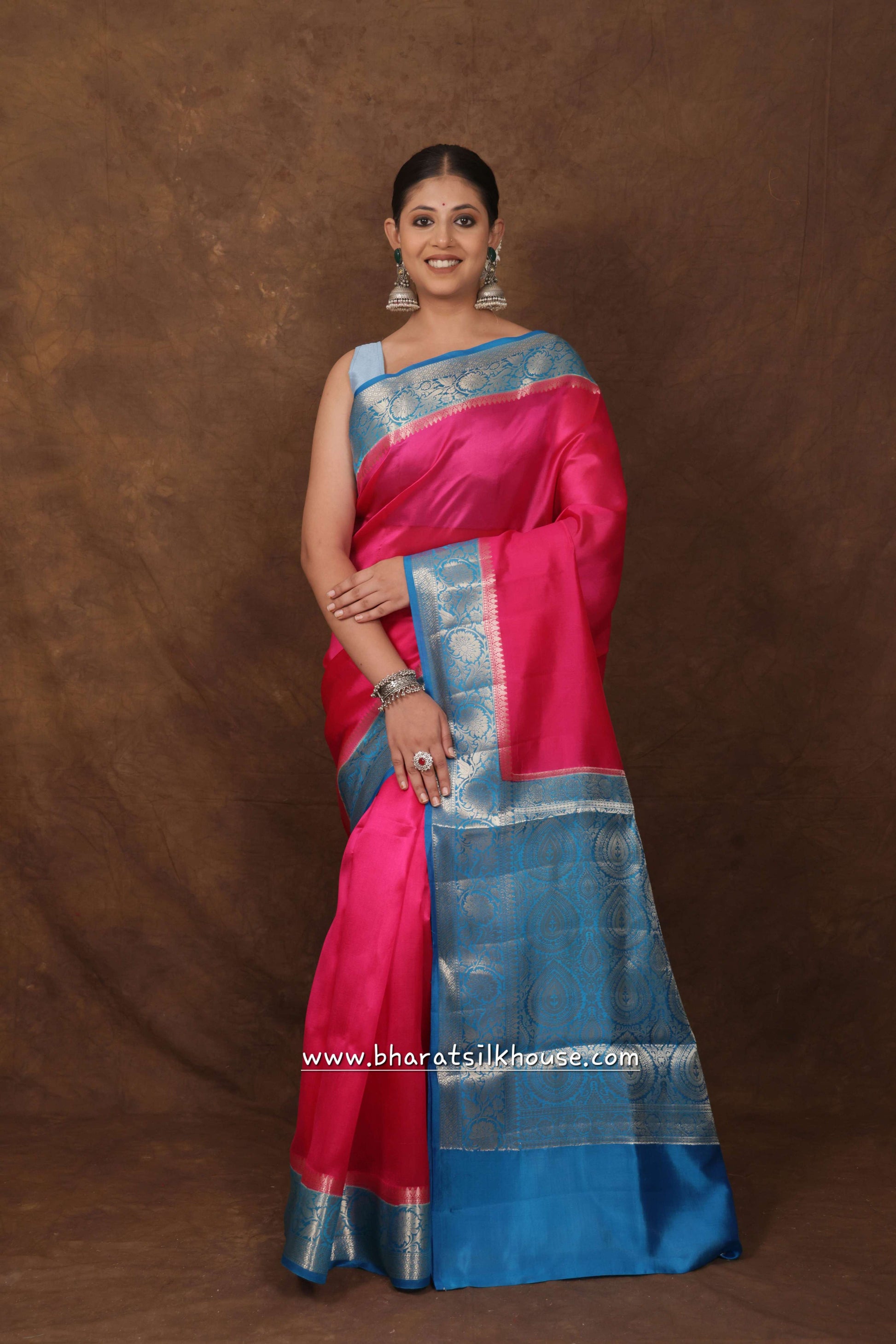 Pink With Blue Border Pure Dupion Silk Saree - Bharat Silk House