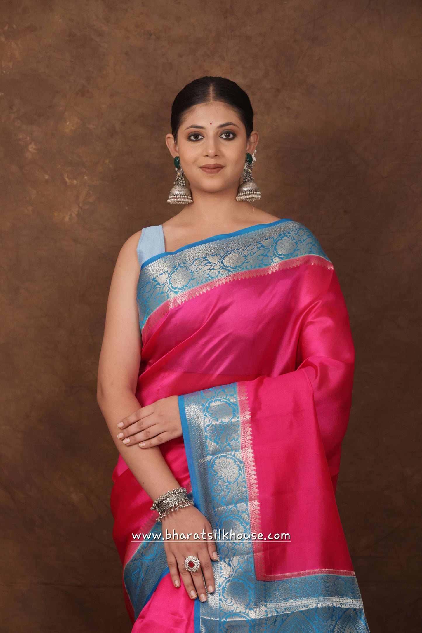 Pink With Blue Border Pure Dupion Silk Saree - Bharat Silk House