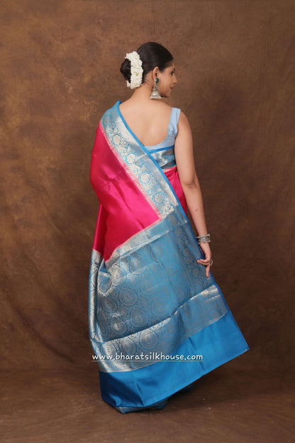 Pink With Blue Border Pure Dupion Silk Saree - Bharat Silk House