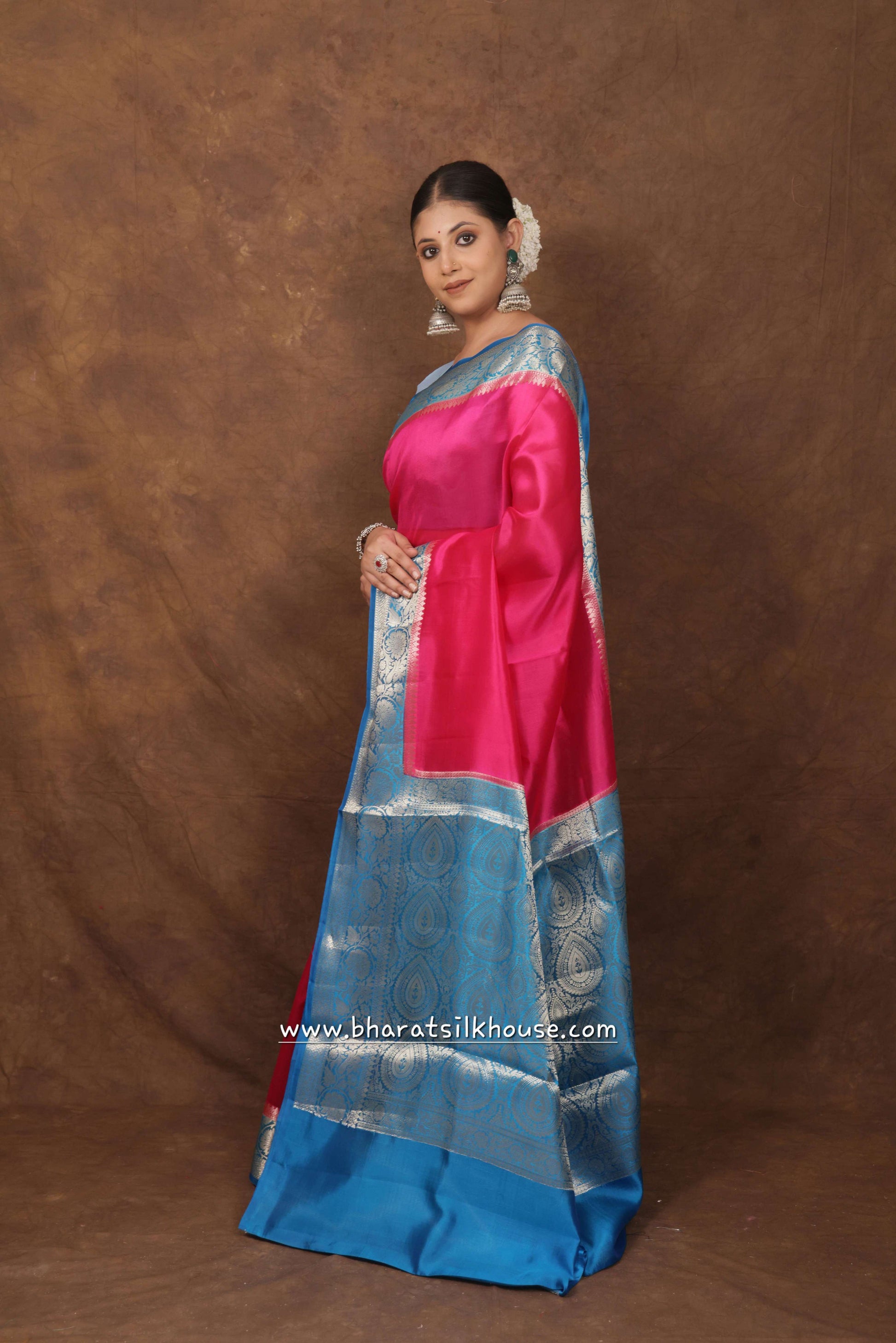 Pink With Blue Border Pure Dupion Silk Saree - Bharat Silk House