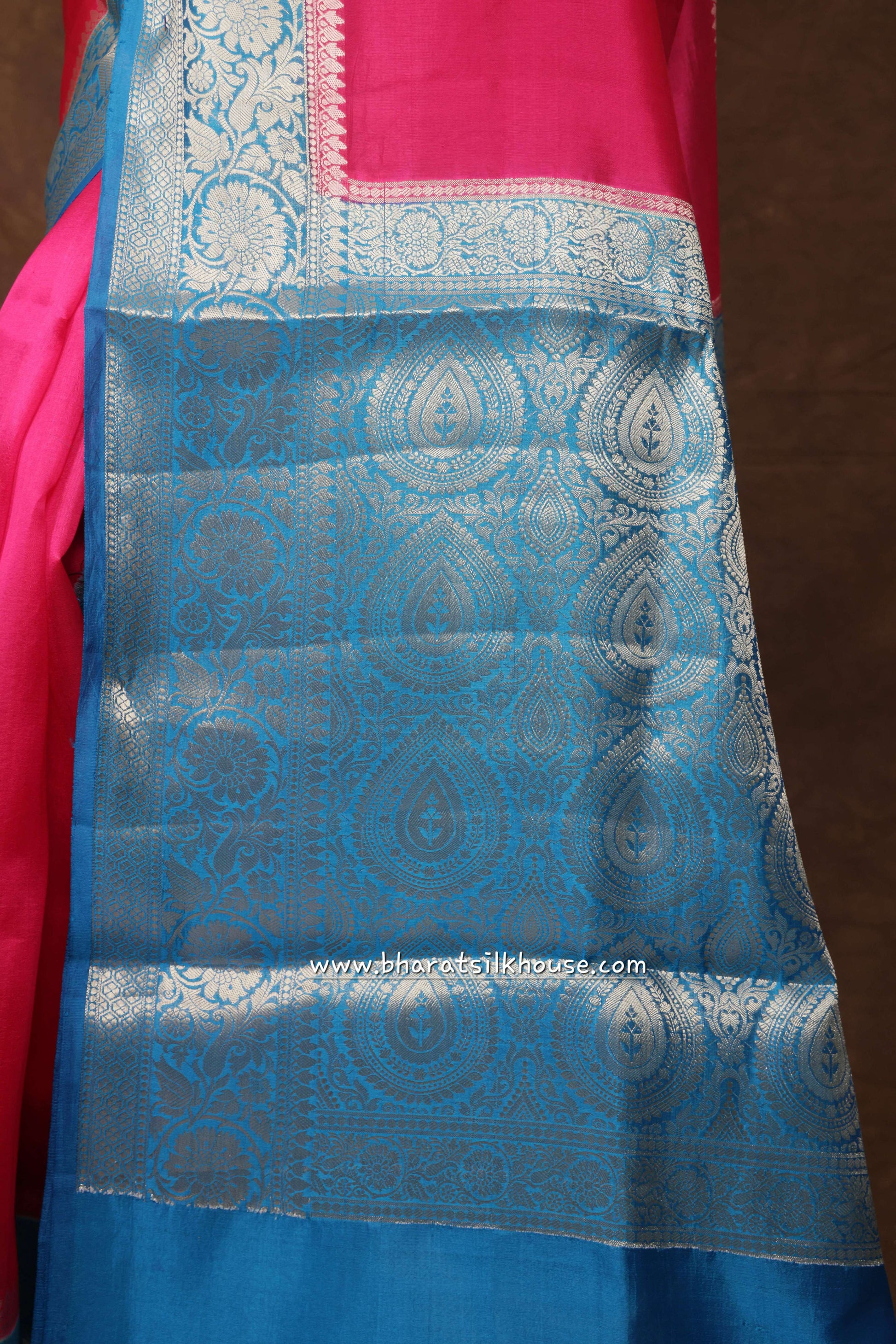 Pink With Blue Border Pure Dupion Silk Saree - Bharat Silk House