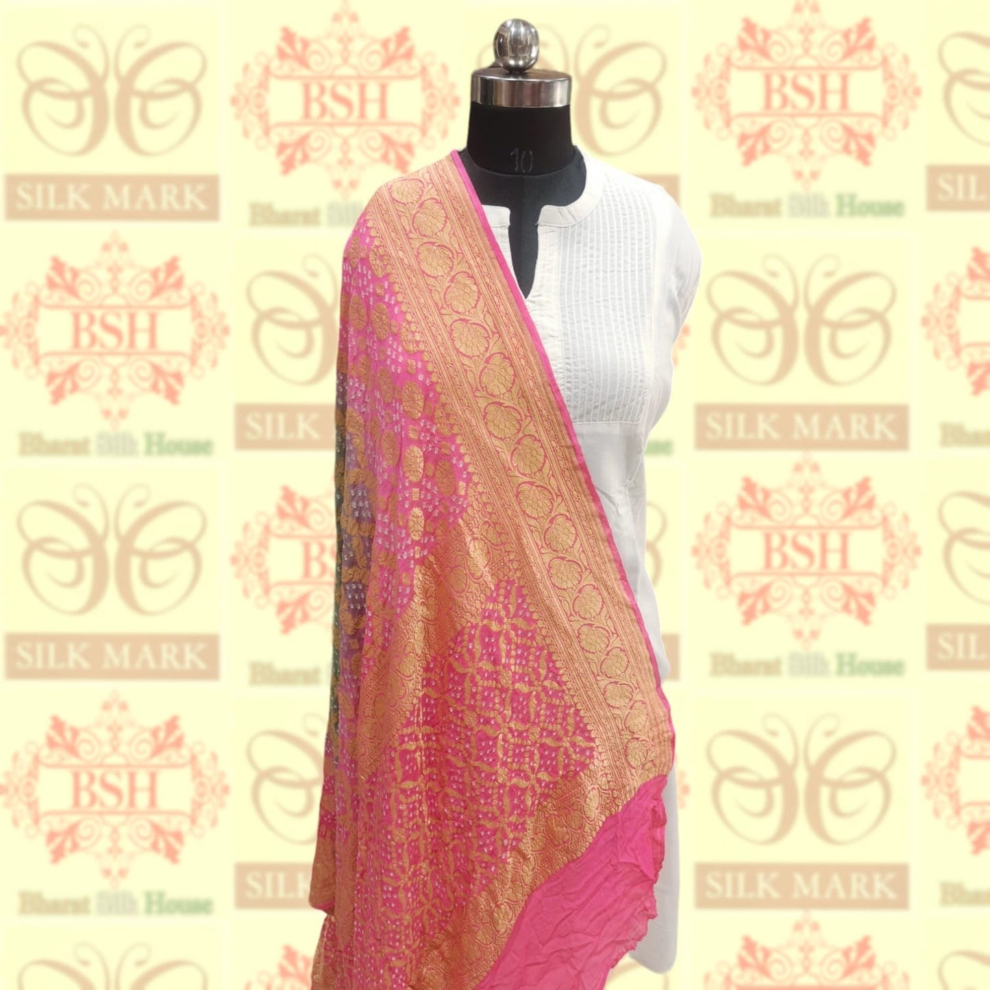 Pink/Grey Pure Georgette Banarasi Handloom Bandhani Dupatta - Bharat Silk House