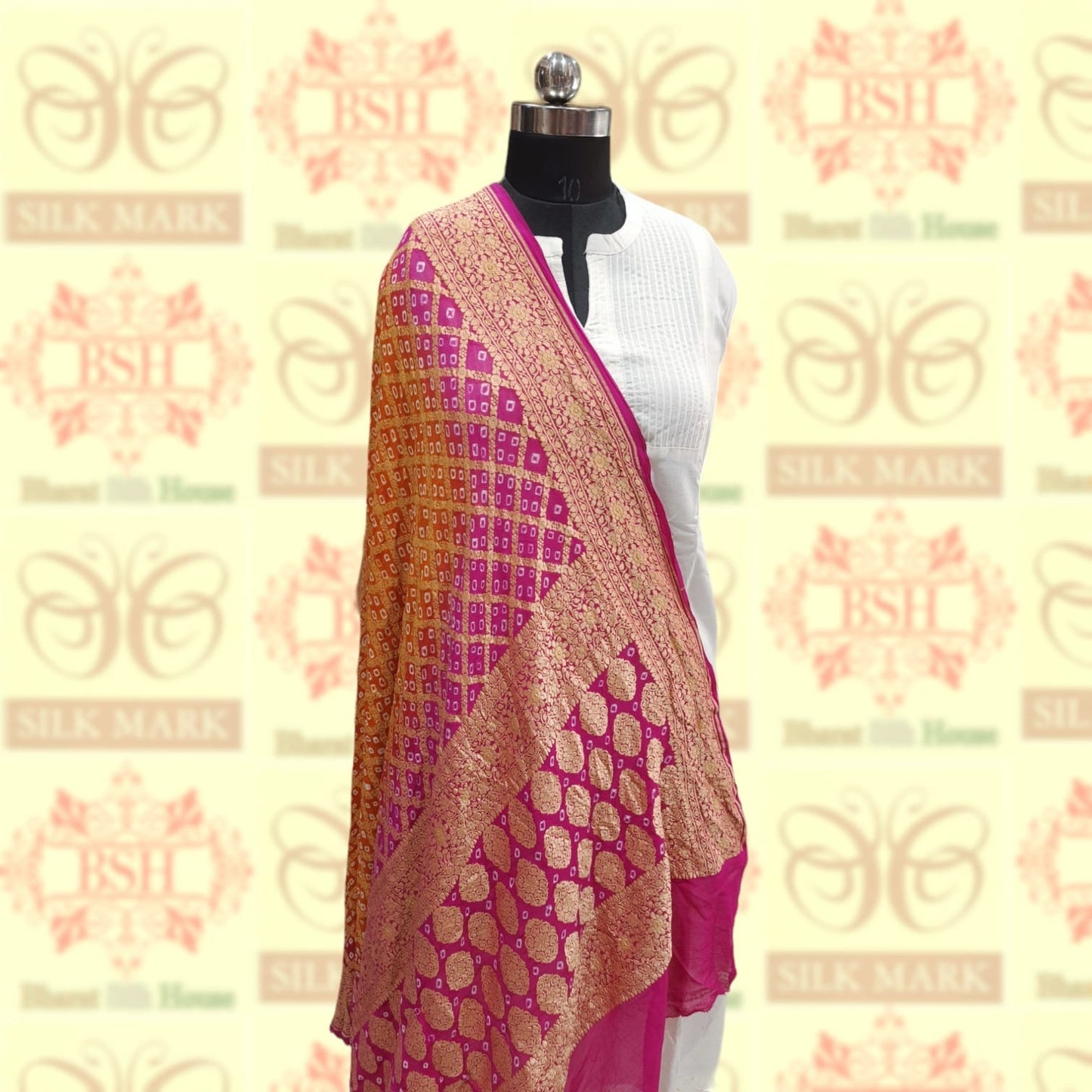 Pink/Orange Georgette Banarasi Handloom Bandhani Dupatta - Bharat Silk House