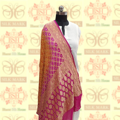 Pink/Orange Georgette Banarasi Handloom Bandhani Dupatta - Bharat Silk House