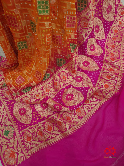 Pink/Orange Georgette Banarasi Handloom Meenakari Bandhani Dupatta - Bharat Silk House