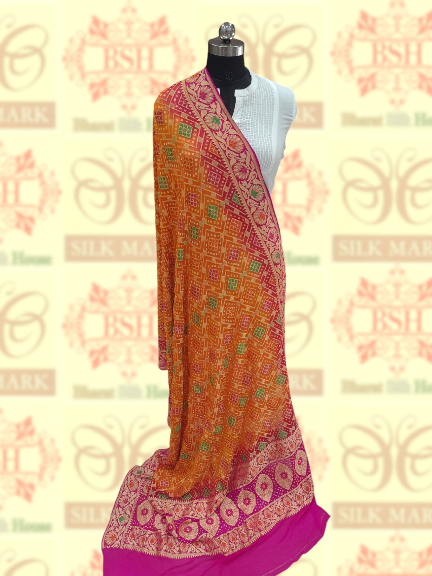 Pink/Orange Georgette Banarasi Handloom Meenakari Bandhani Dupatta - Bharat Silk House