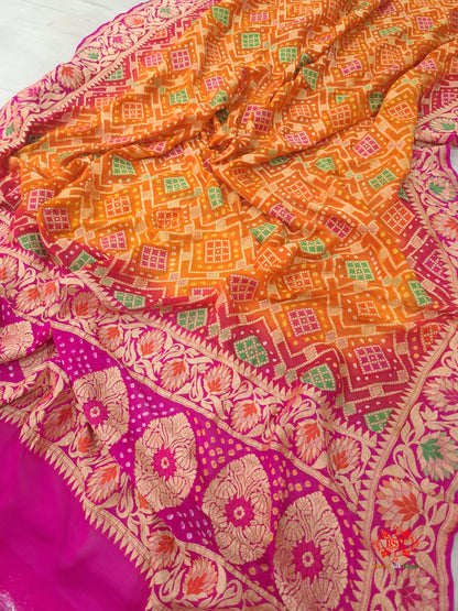 Pink/Orange Georgette Banarasi Handloom Meenakari Bandhani Dupatta - Bharat Silk House