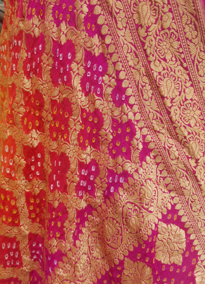 Pink/Orange Pure Georgette Banarasi Handloom Bandhani Dupatta - Bharat Silk House