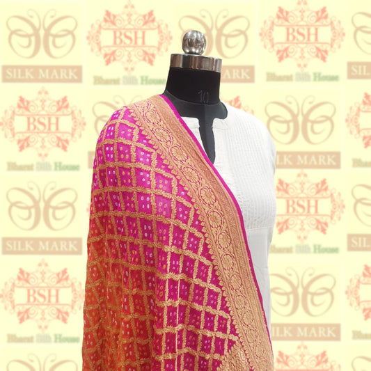 Pink/Orange Pure Georgette Banarasi Handloom Bandhani Dupatta - Bharat Silk House