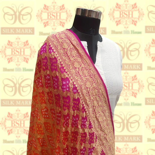 Pink/Orange Pure Georgette Banarasi Handloom Bandhani Dupatta - Bharat Silk House