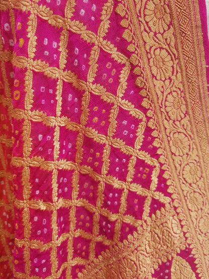 Pink/Orange Pure Georgette Banarasi Handloom Bandhani Dupatta - Bharat Silk House