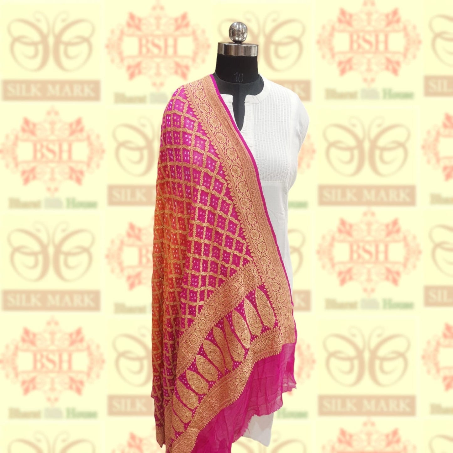 Pink/Orange Pure Georgette Banarasi Handloom Bandhani Dupatta - Bharat Silk House