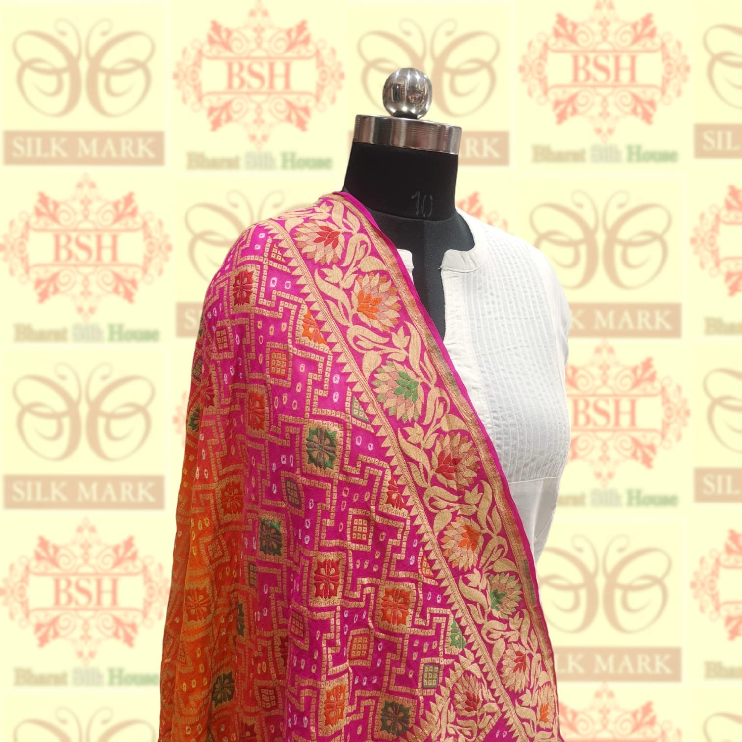 Pink/Orange Pure Georgette Banarasi Handloom Meenakari Bandhani Dupatta - Bharat Silk House