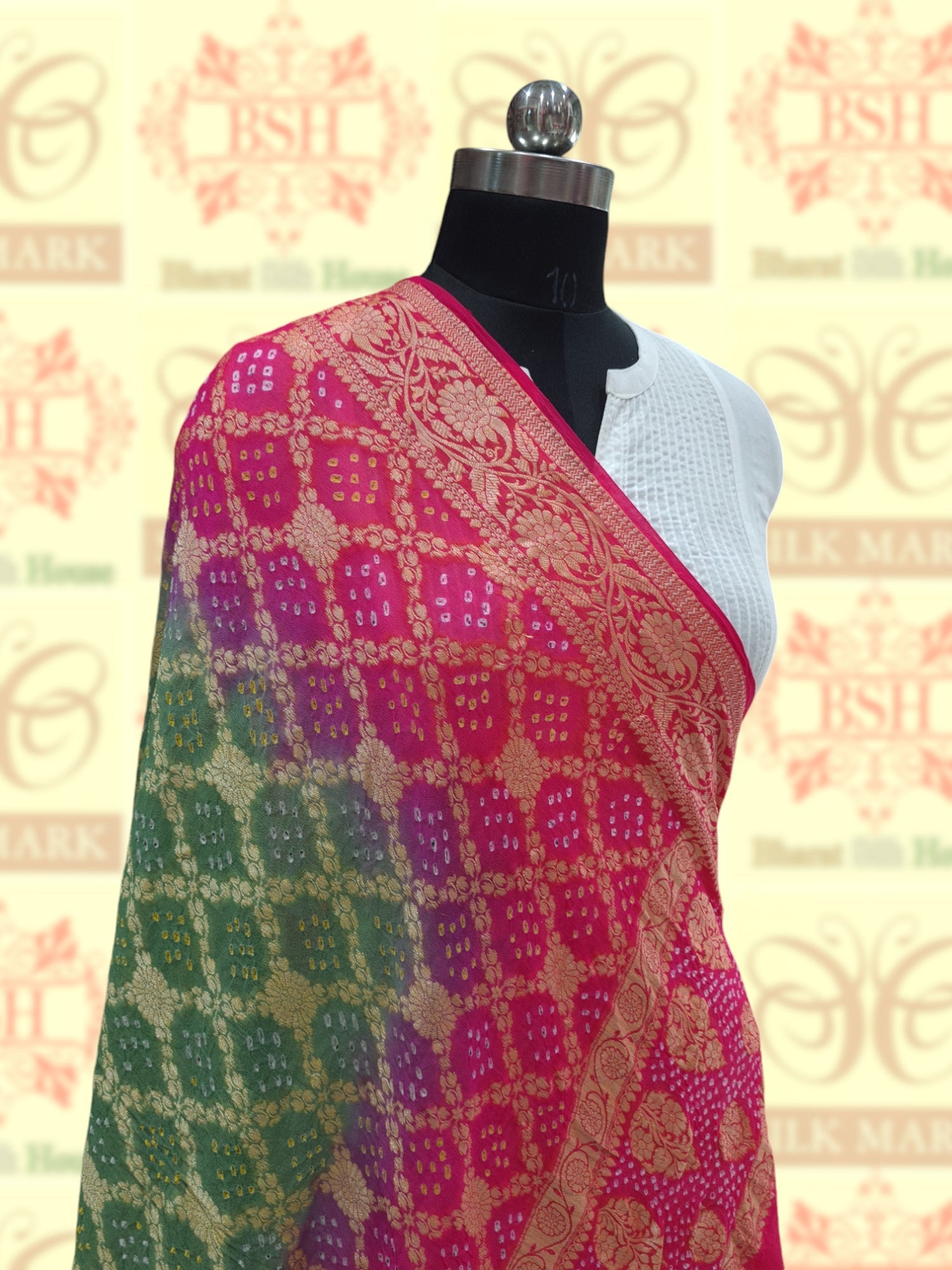 Pink/Pista Green Georgette Banarasi Handloom Bandhani Dupatta - Bharat Silk House