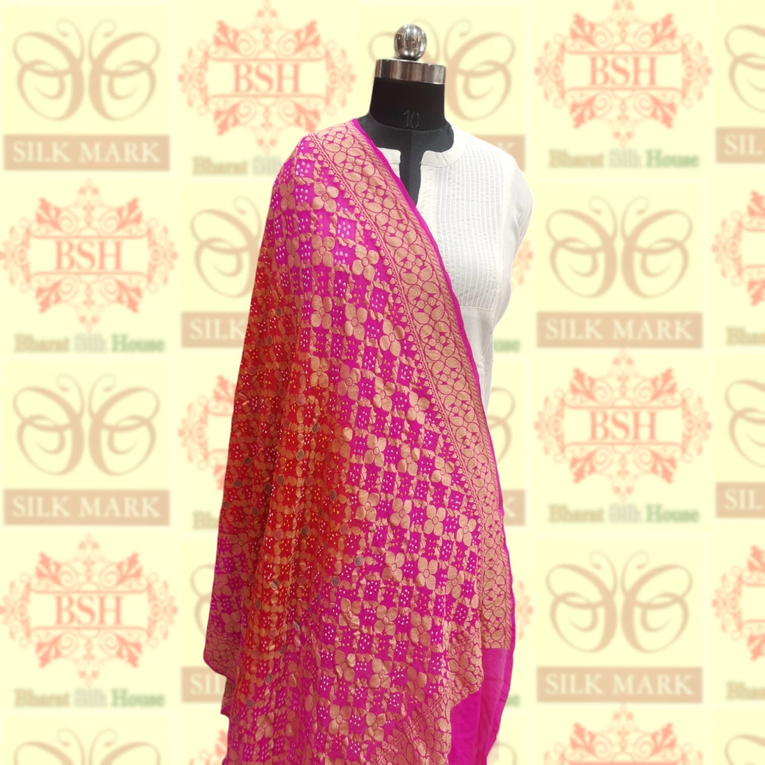 Pink/Red Pure Georgette Banarasi Handloom Meenakari Bandhani Dupatta - Bharat Silk House