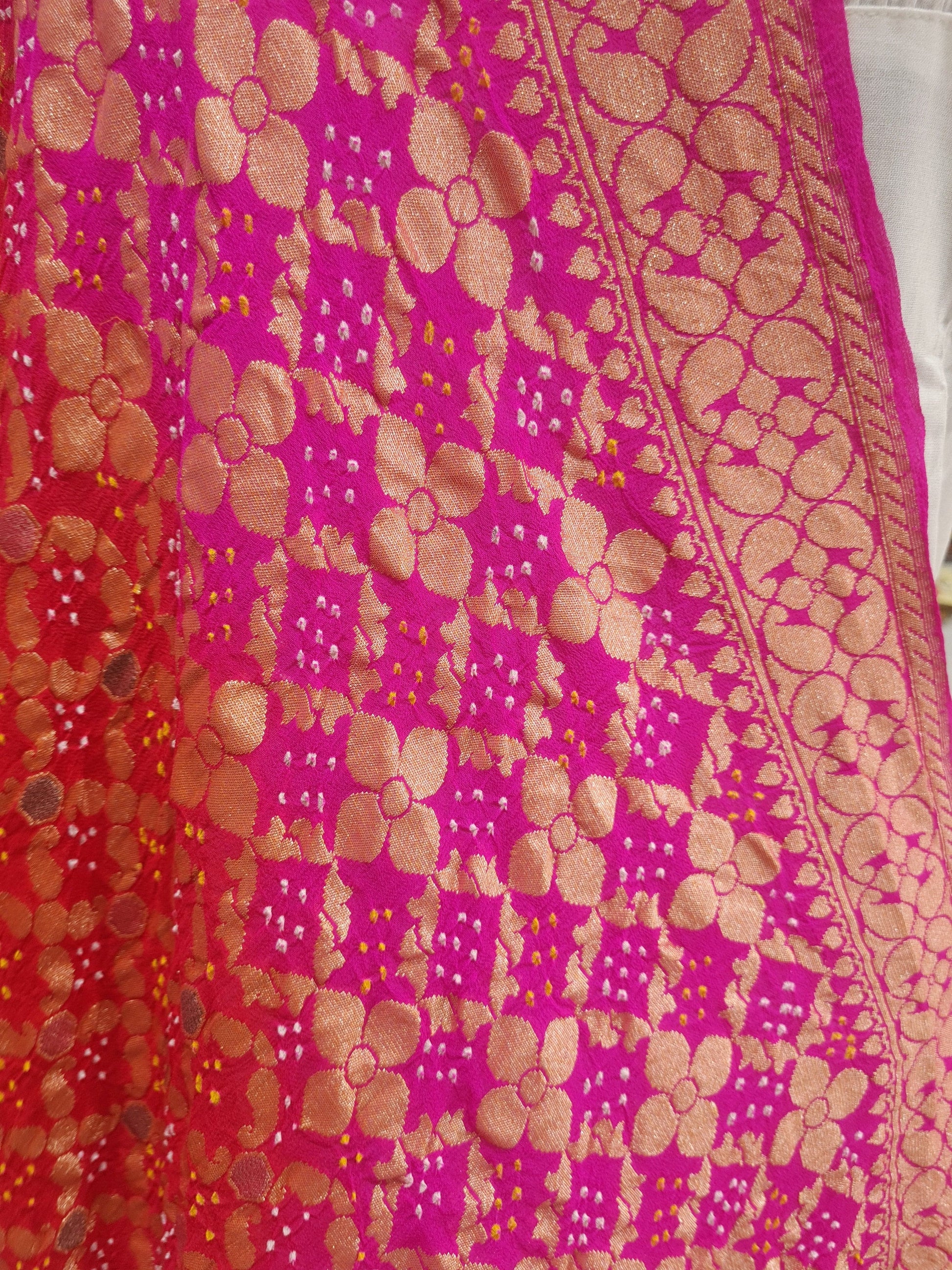 Pink/Red Pure Georgette Banarasi Handloom Meenakari Bandhani Dupatta - Bharat Silk House