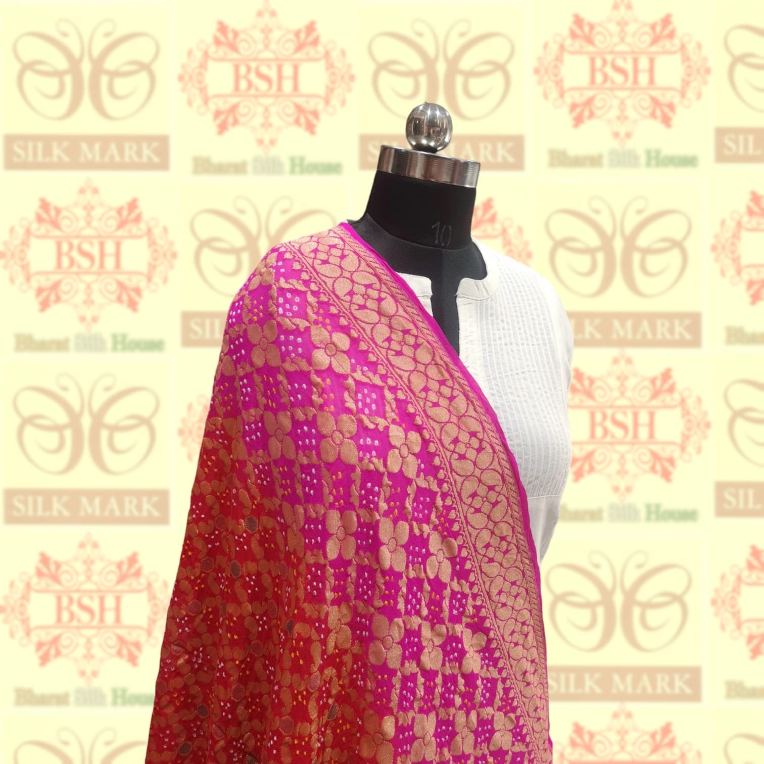 Pink/Red Pure Georgette Banarasi Handloom Meenakari Bandhani Dupatta - Bharat Silk House