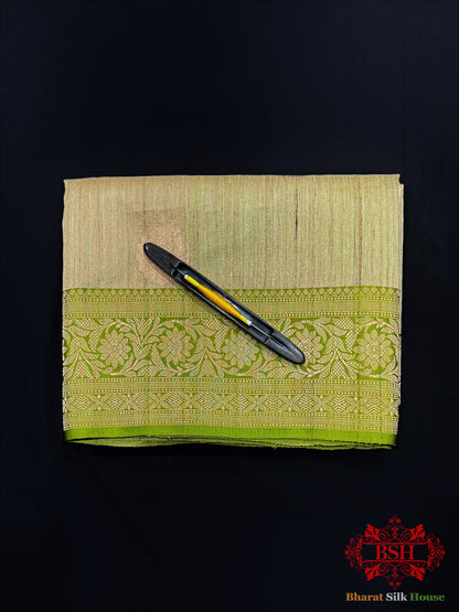 Pista Green Pure Tussar Moonga Silk Handloom Saree With Zari Border - Bharat Silk House