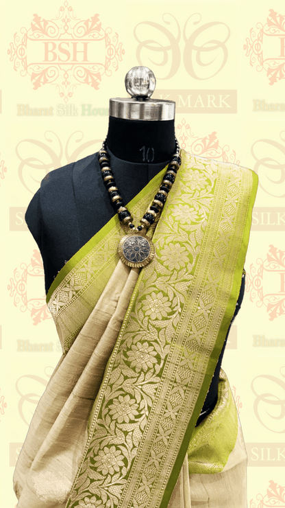 Pista Green Pure Tussar Moonga Silk Handloom Saree With Zari Border - Bharat Silk House