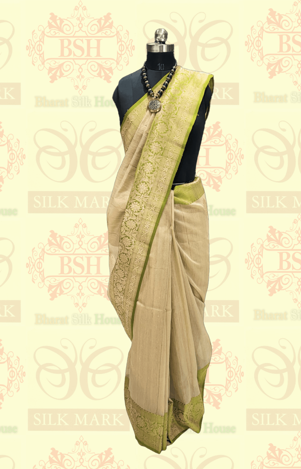 Pista Green Pure Tussar Moonga Silk Handloom Saree With Zari Border - Bharat Silk House