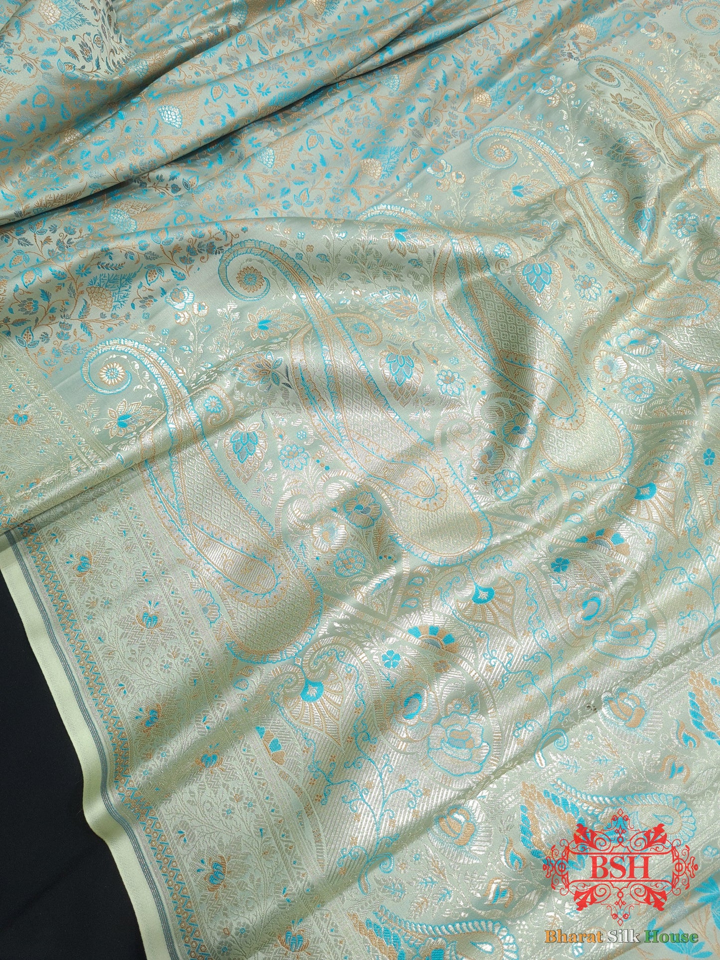 Powder Blue Dohri Resham Zari Booti Tanchoi Silk Saree - Bharat Silk House