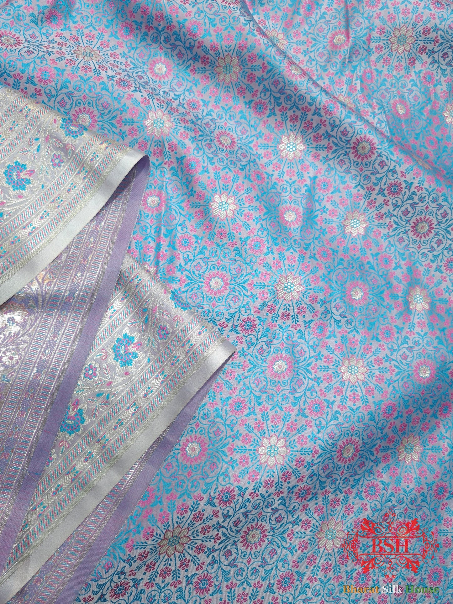 Powder Blue Dohri Resham Zari Booti Tanchoi Silk Saree - Bharat Silk House