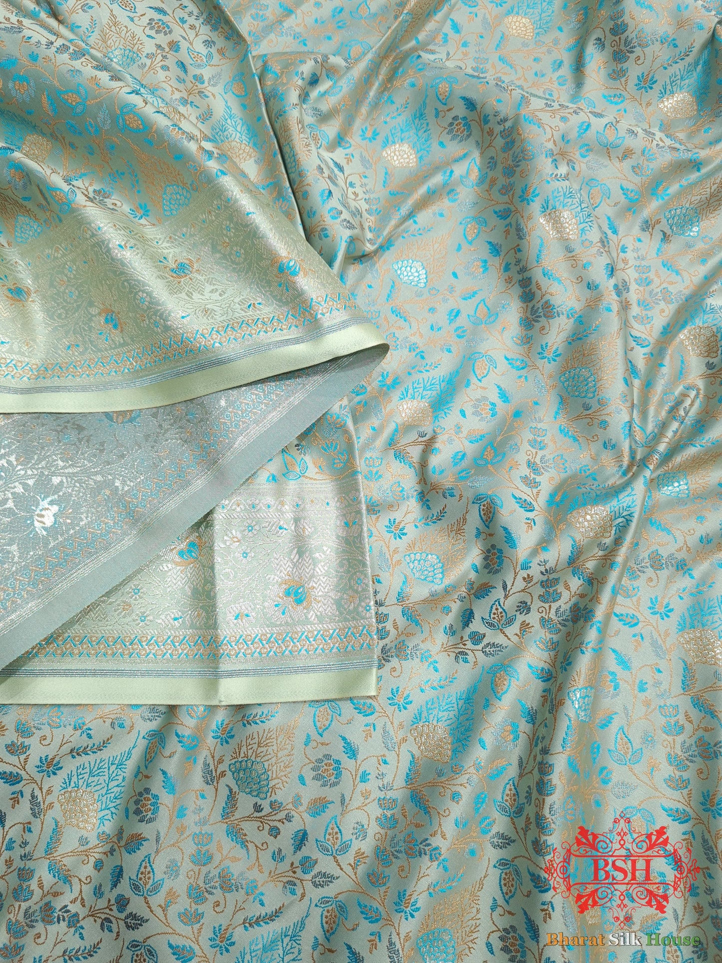 Powder Blue Dohri Resham Zari Booti Tanchoi Silk Saree - Bharat Silk House