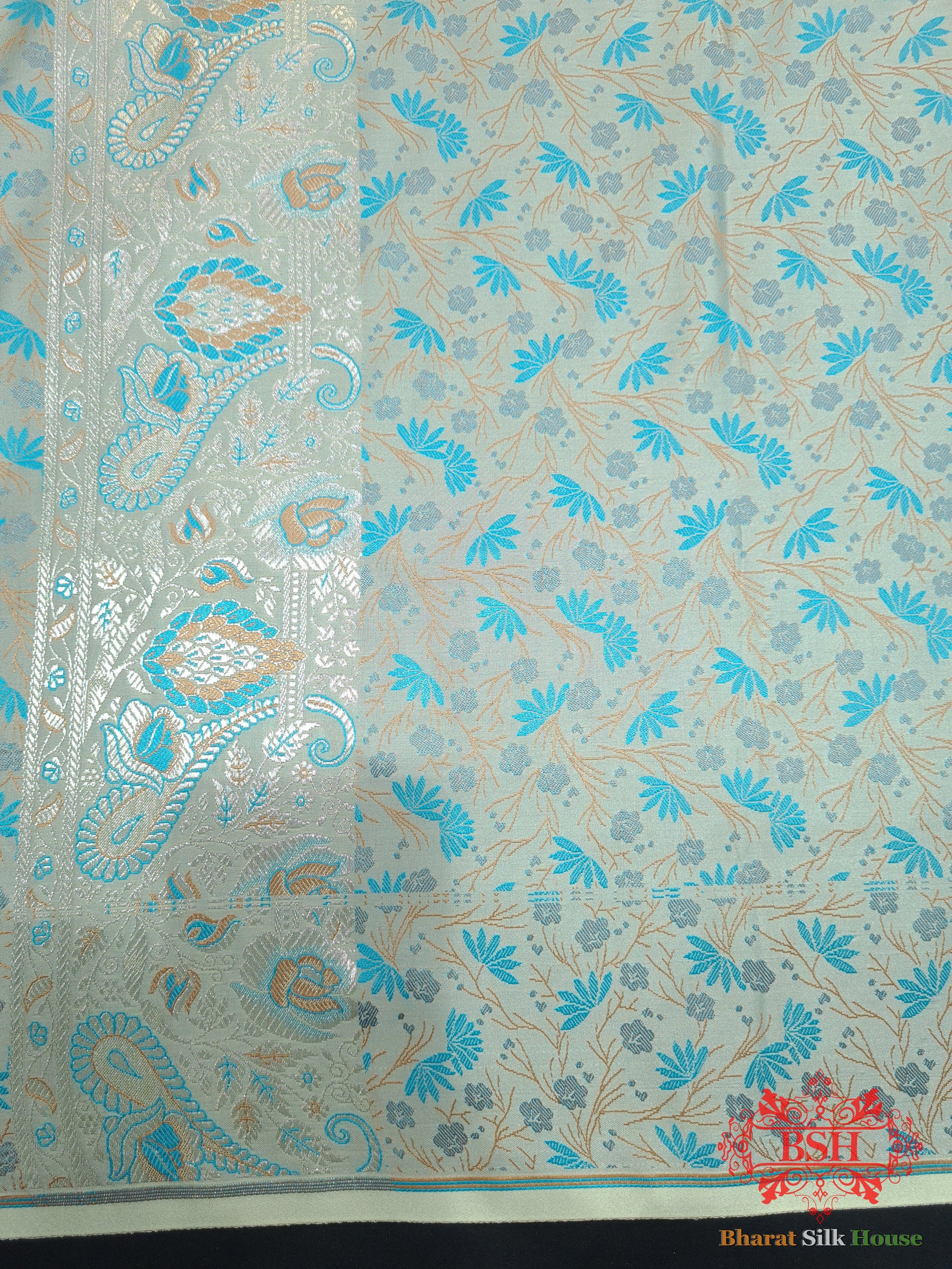 Powder Blue Dohri Resham Zari Booti Tanchoi Silk Saree - Bharat Silk House