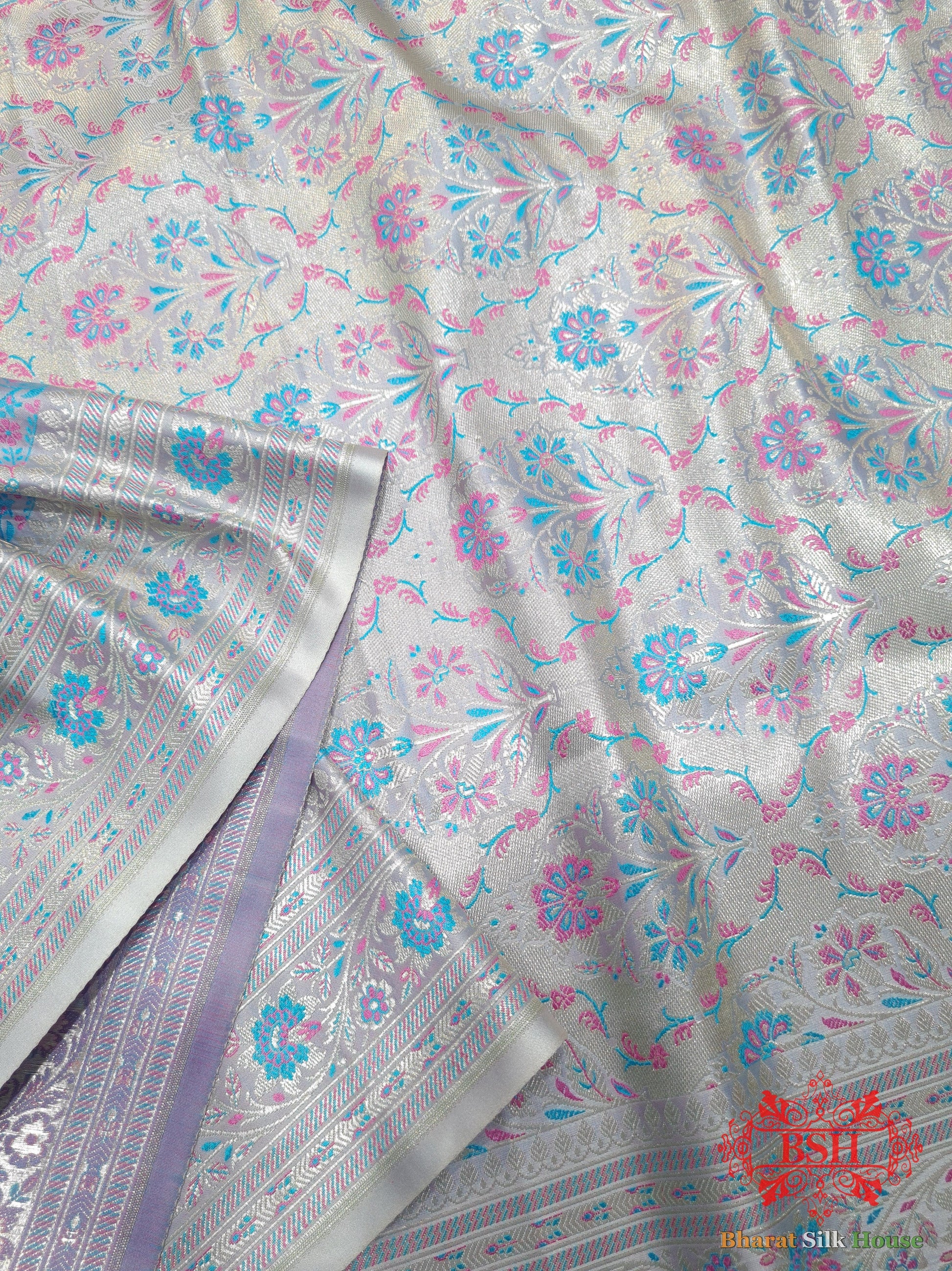 Powder Blue Dohri Resham Zari Booti Tanchoi Silk Saree - Bharat Silk House