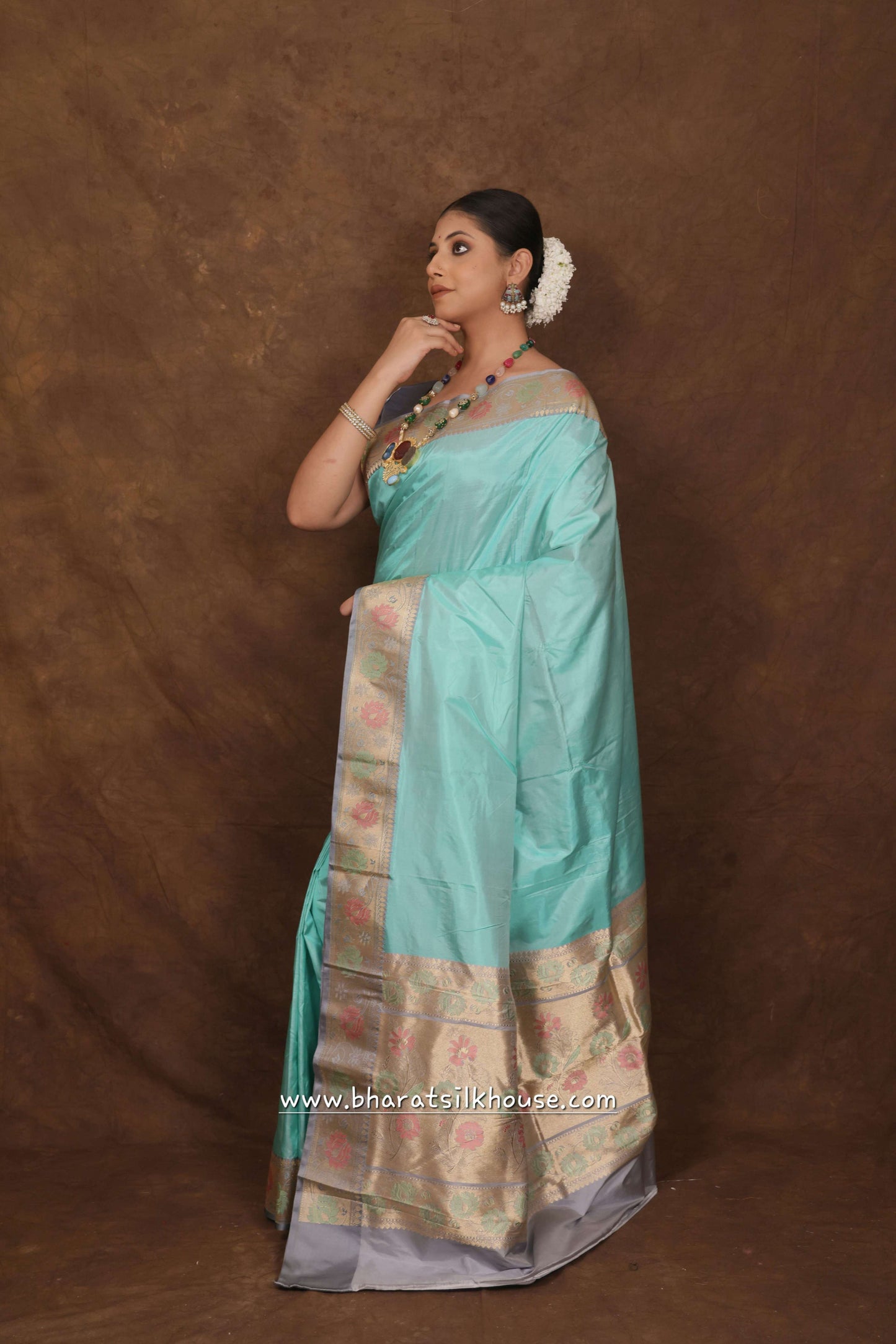 Powder Blue Pure Katan Silk Banarasi Saree - Bharat Silk House