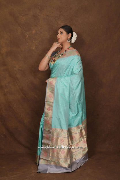 Powder Blue Pure Katan Silk Banarasi Saree - Bharat Silk House