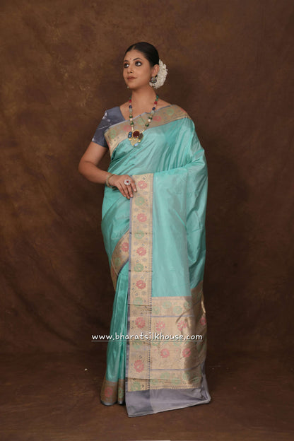 Powder Blue Pure Katan Silk Banarasi Saree - Bharat Silk House