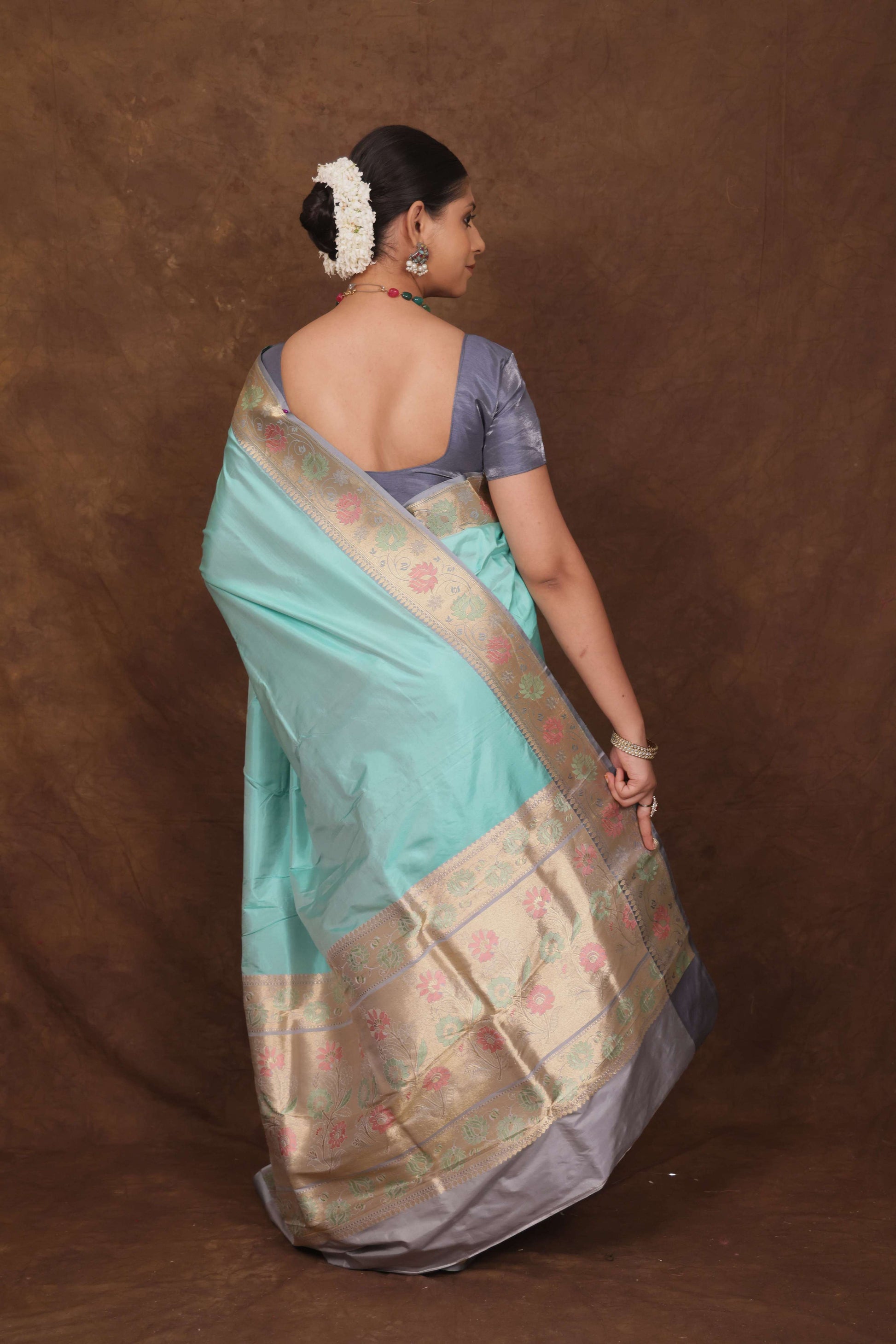 Powder Blue Pure Katan Silk Banarasi Saree - Bharat Silk House