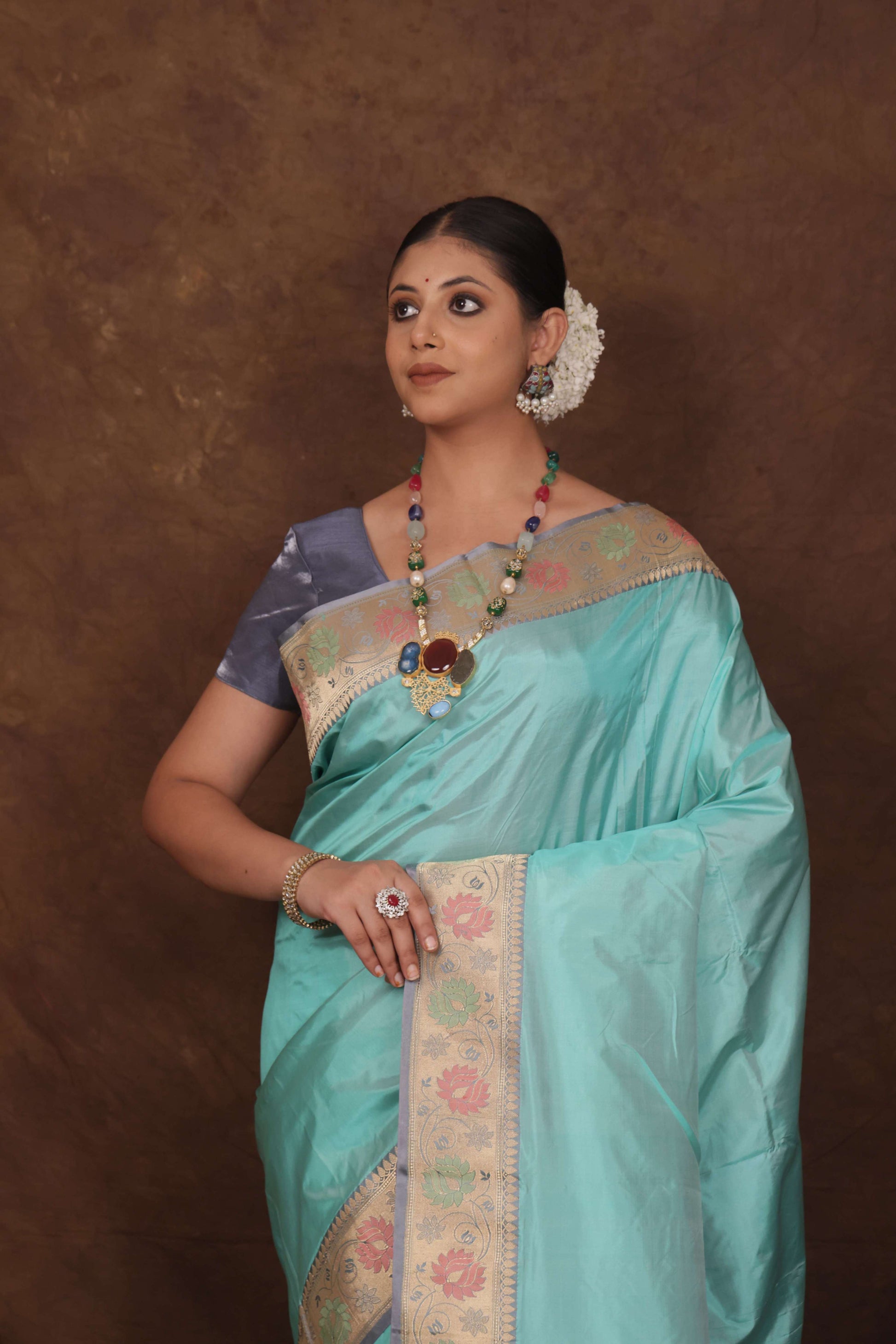 Powder Blue Pure Katan Silk Banarasi Saree - Bharat Silk House