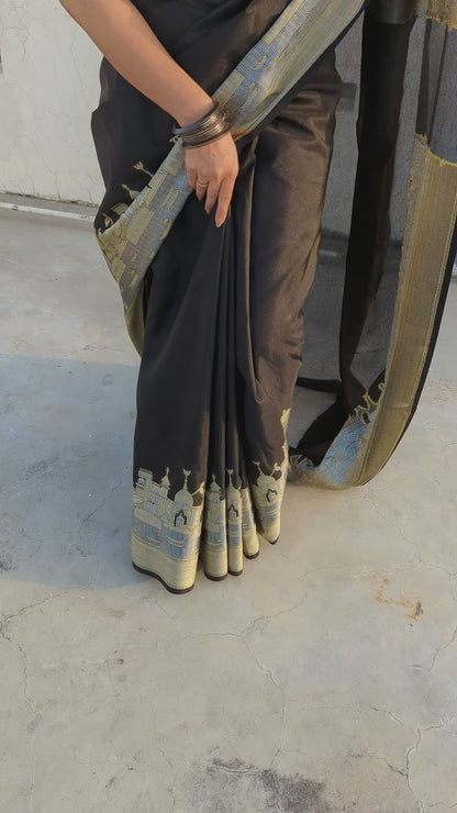 Black Banaras Ghats Weaved Silk Saree