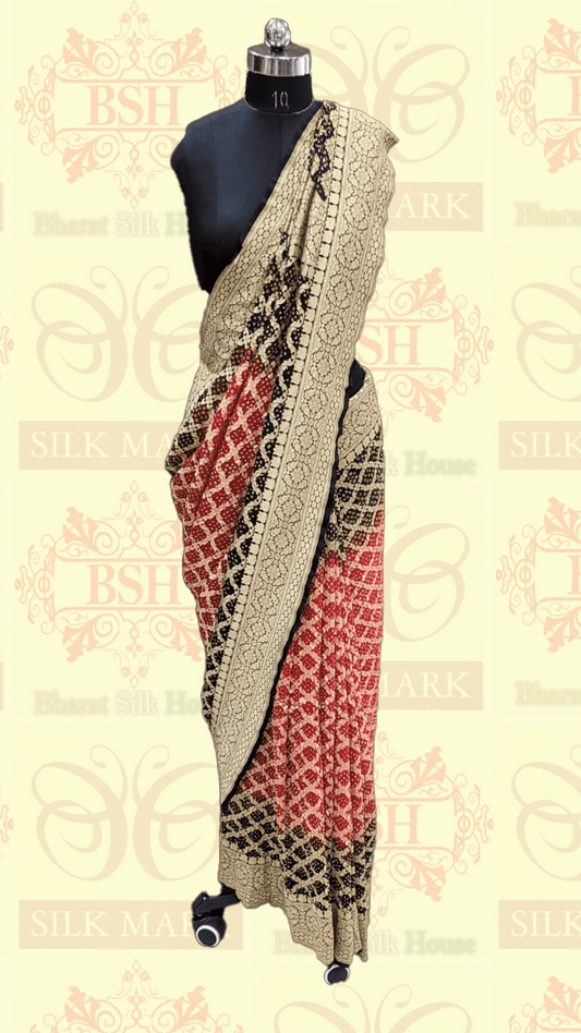 Pure Banarasi Georgette Bandhej Handloom Saree In Dual Shades Of Black/Red - Bharat Silk House