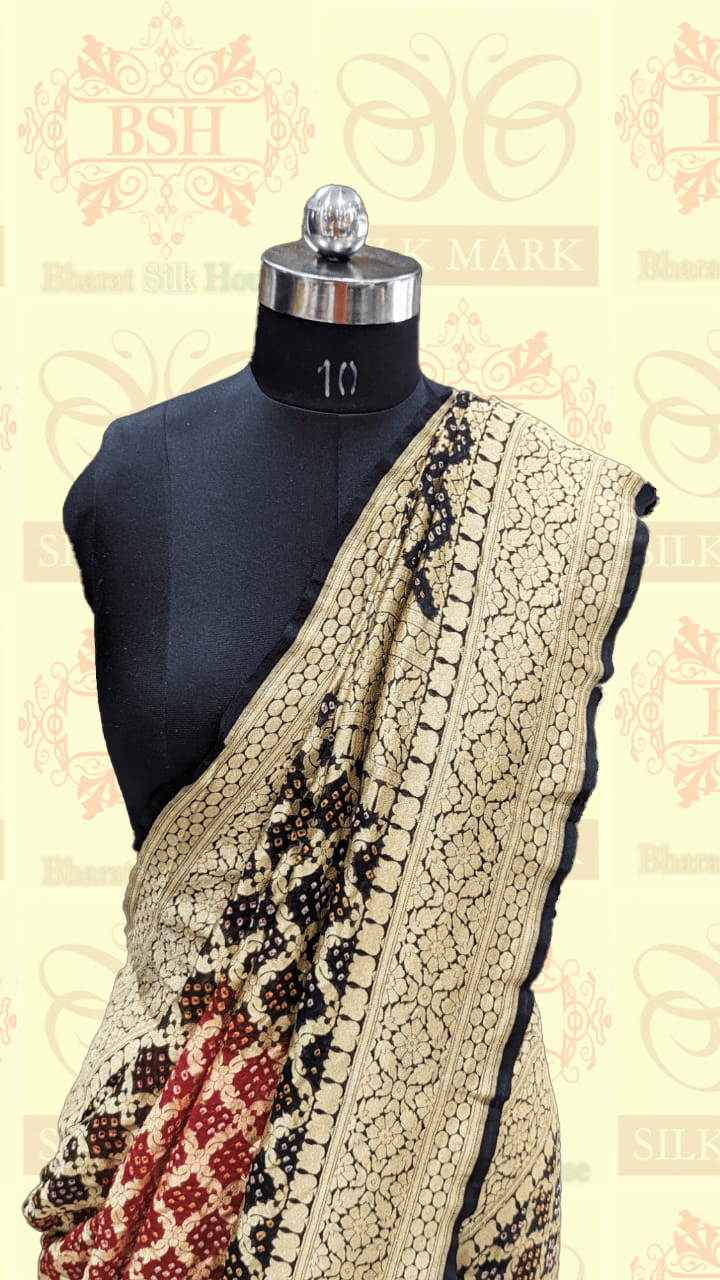 Pure Banarasi Georgette Bandhej Handloom Saree In Dual Shades Of Black/Red - Bharat Silk House