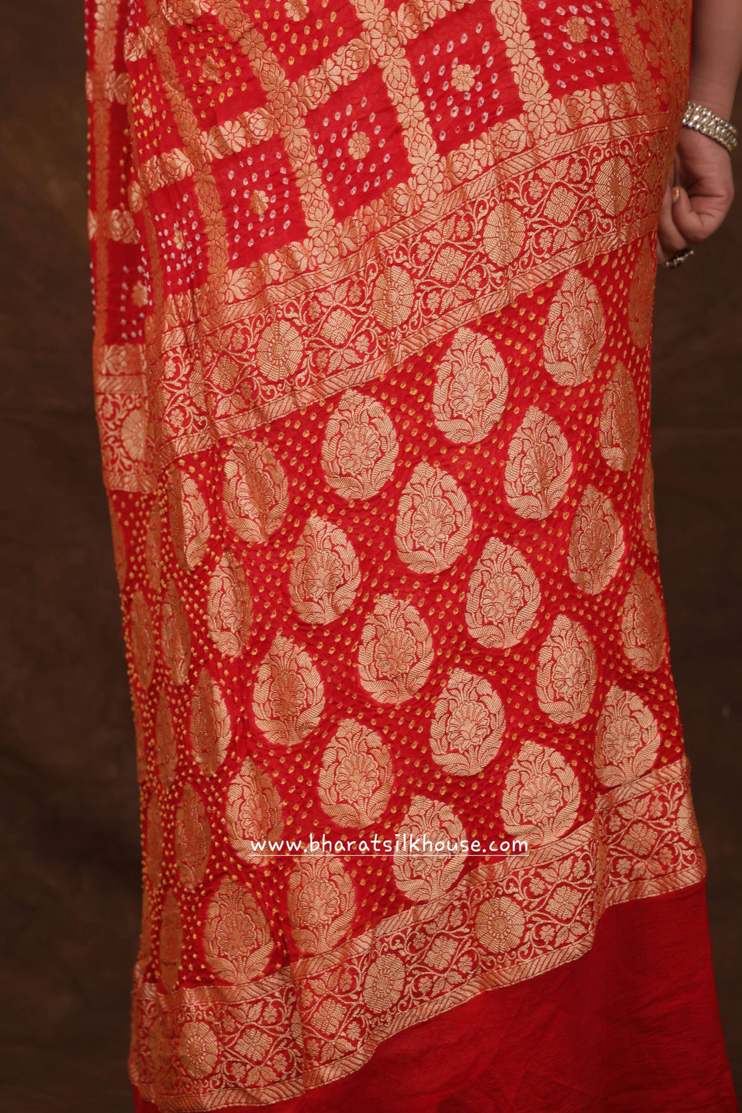 Pure Banarasi Georgette Bandhej Handloom Saree In Shades Of Red - Bharat Silk House